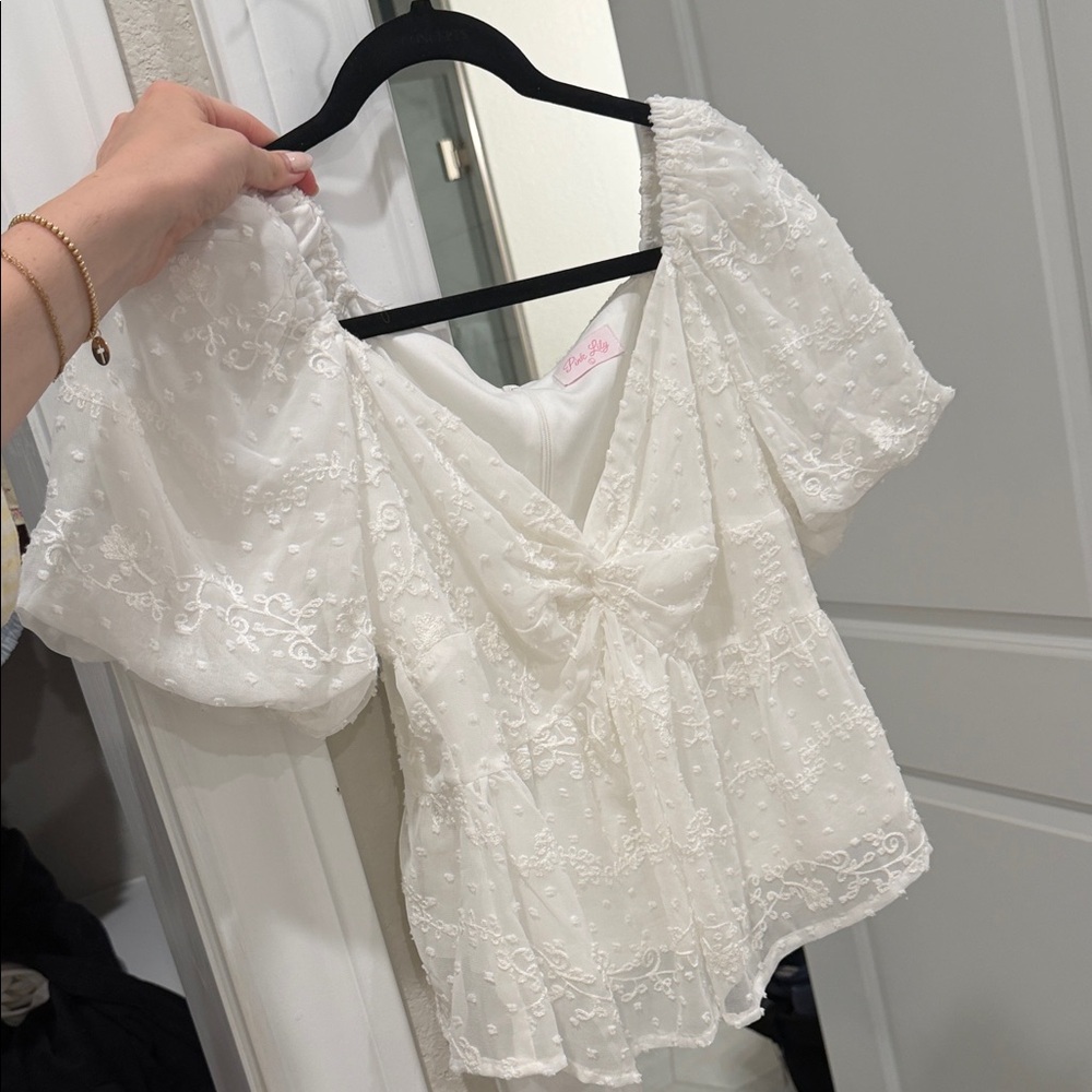 Pink Lily White Embroidered Puff-Sleeve Blouse